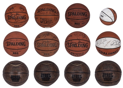 Jerry Sloan Collection: Lot of (12) Signed Basketballs Featuring John Stockton, Jerry Sloan, & Karl Malone Signed Spalding Basketball (Sloan LOA)